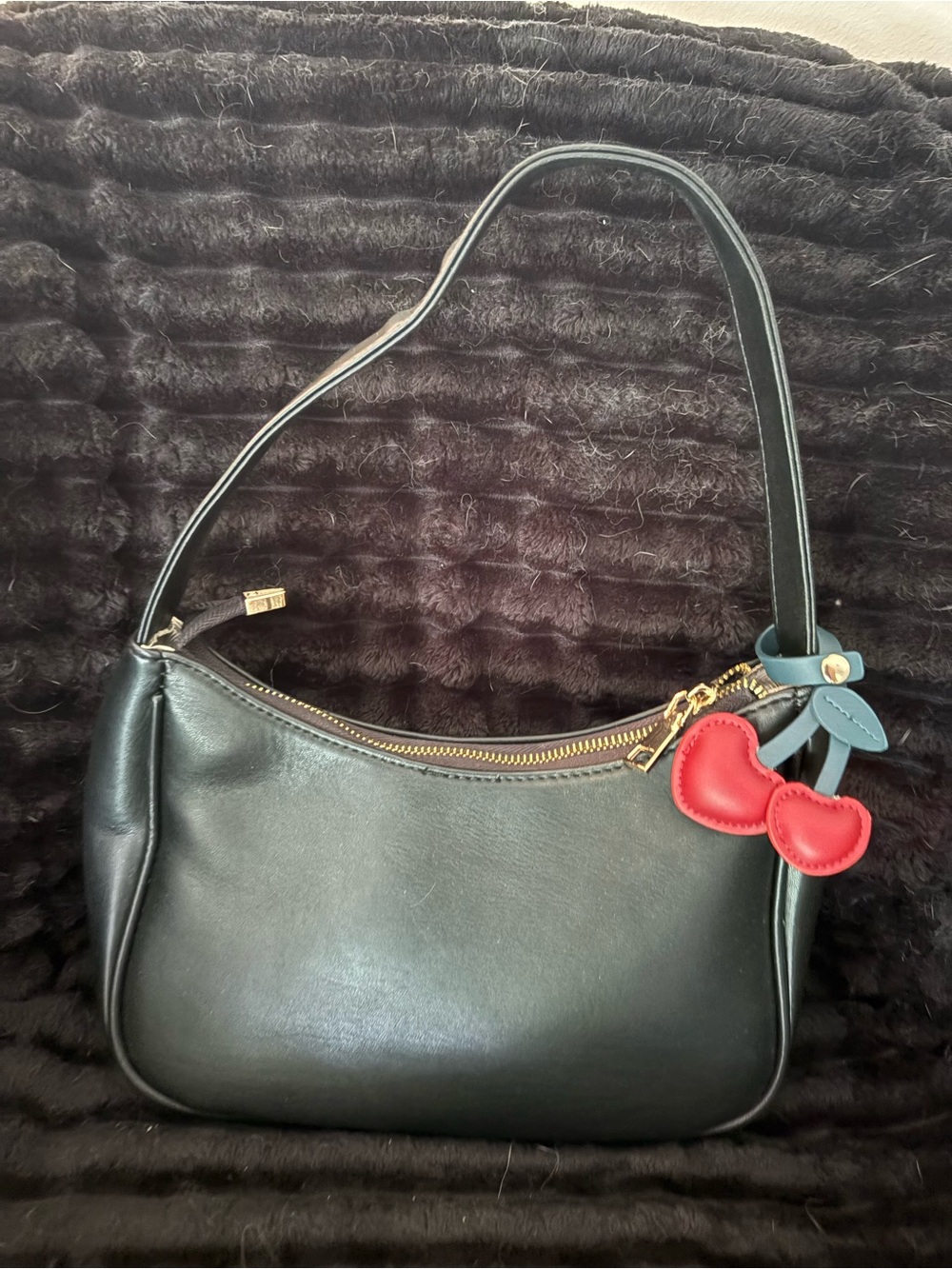 Stunning 🤩 Black Leather Shoulder Bag with Red Cherry Charm